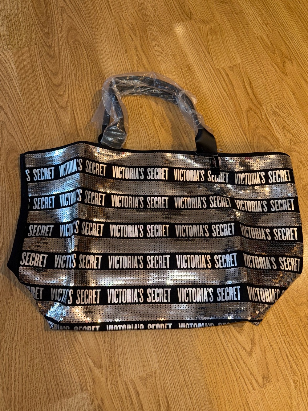 Victoria's Secret Black Sequin Logo Stripe Tote